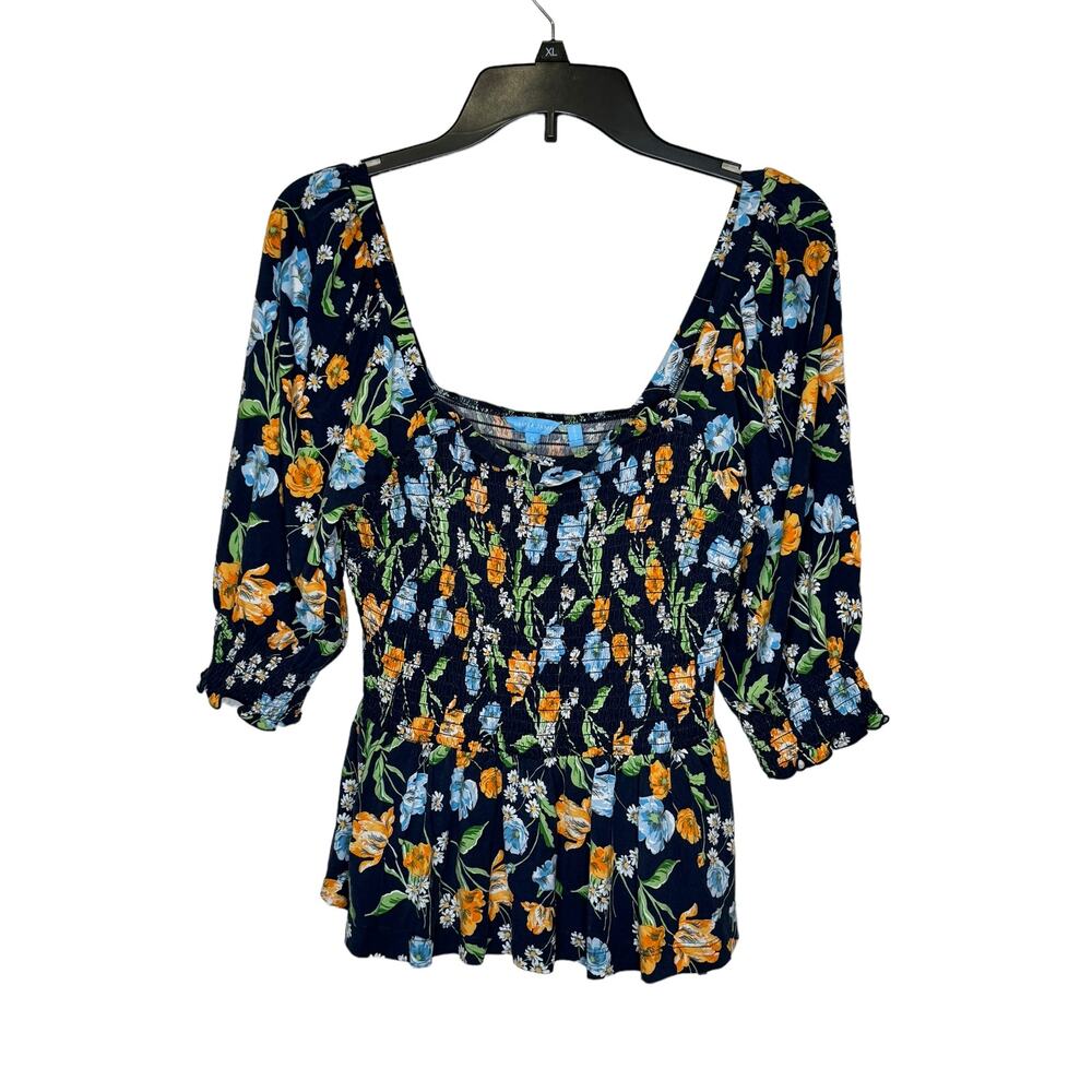 Draper James Women's Top Poplin Cropped Smocked Floral Stretch Square Neck Small